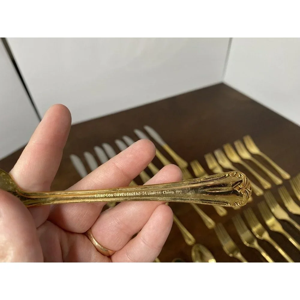 Hamptons Silversmiths 199 Gold‎ Tone Flatware Lot Of 40 Spoons Forks Knives